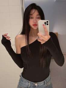 DAZY Camiseta delgada unicolor con manga de brazo - Negro - Ver 2