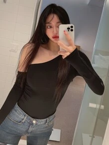 DAZY Camiseta delgada unicolor con manga de brazo - Negro - Ver 4