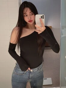 DAZY Camiseta delgada unicolor con manga de brazo - Negro - Ver 5