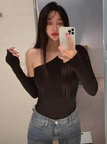 DAZY Camiseta delgada unicolor con manga de brazo - Negro - Ver 6