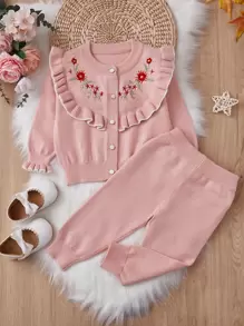 嬰兒女孩花邊襯邊荷葉袖針織外套和針織褲 - 粉色 - 查看 1
