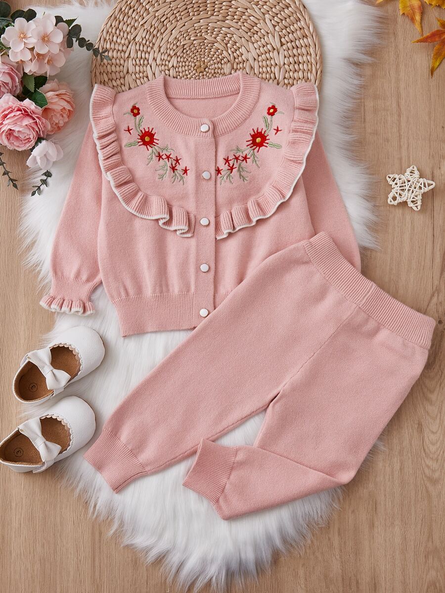 嬰兒女孩花邊襯邊荷葉袖針織外套和針織褲 - 粉色 - 查看 1