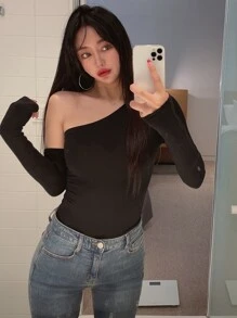 DAZY Camiseta delgada unicolor con manga de brazo - Negro - Ver 7