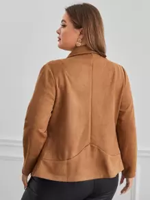 SHEIN Essnce Plus Zip Up Faux Suede Moto Jacket - Brown - View 2
