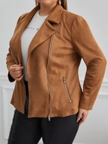 SHEIN Essnce Plus Zip Up Faux Suede Moto Jacket - Brown - View 4