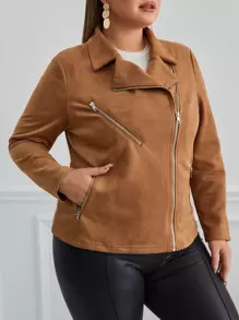 SHEIN Essnce Plus Zip Up Faux Suede Moto Jacket - Brown - View 5