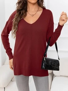 DEARCASE V-neck Drop Shoulder Split Hem Jumper - Burgundy - View 3