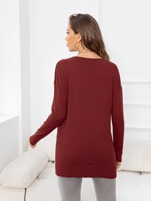 DEARCASE V-neck Drop Shoulder Split Hem Jumper - Burgundy - View 2