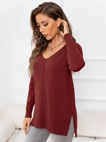 DEARCASE V-neck Drop Shoulder Split Hem Jumper - Burgundy - View 1