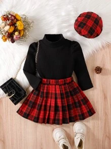 Baby Girl Puff Sleeve Rib-Knit Tee & Plaid Pleated Skirt - Multicolor - View 1