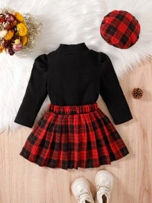 Baby Girl Puff Sleeve Rib-Knit Tee & Plaid Pleated Skirt - Multicolor - View 2