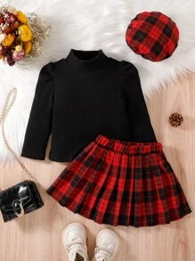 Baby Girl Puff Sleeve Rib-Knit Tee & Plaid Pleated Skirt - Multicolor - View 3