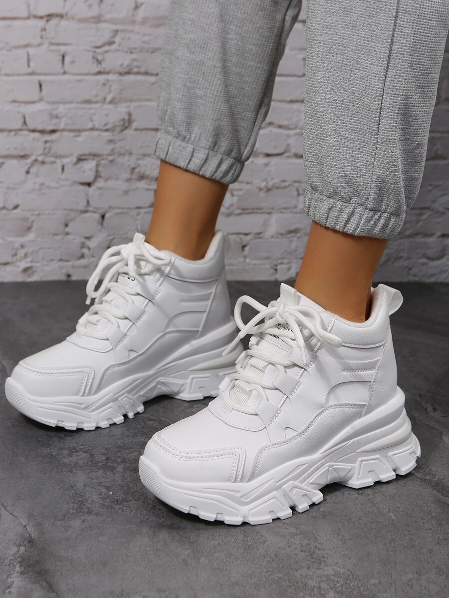 Letter Patch Decor Lace-up Front Wedge Sneakers - White - View 1
