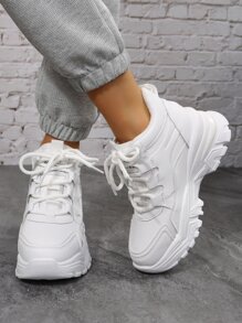Letter Patch Decor Lace-up Front Wedge Sneakers - White - View 2