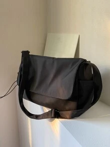 Solid Color Minimalist Flap Square Bag For College Students - Black - View 1