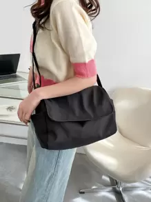 Solid Color Minimalist Flap Square Bag For College Students - Black - View 2