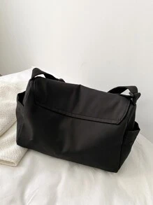 Solid Color Minimalist Flap Square Bag For College Students - Black - View 5