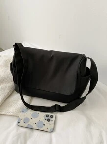 Solid Color Minimalist Flap Square Bag For College Students - Black - View 6