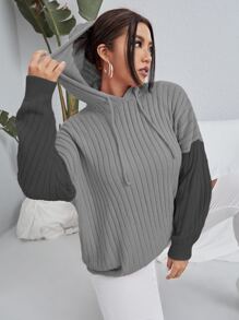 Flirla Áo len hai tông màu dáng rộng, vai rớt, có dây rút, có mũ trùm đầu, thích hợp cho mùa thu đông. - Xám - Xem 1