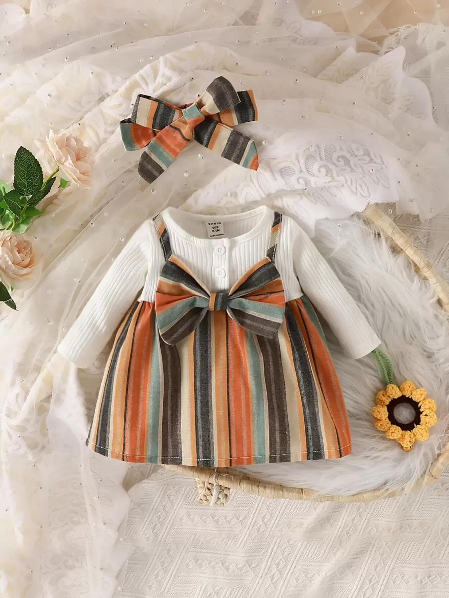 SHEIN 嬰兒嬰兒格紋前蝴蝶結假兩件連衣裙附髮帶 - 彩色 - 查看 1