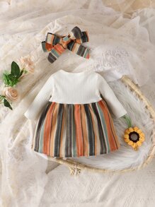 SHEIN 嬰兒嬰兒格紋前蝴蝶結假兩件連衣裙附髮帶 - 彩色 - 查看 2