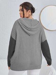 Flirla Áo len hai tông màu dáng rộng, vai rớt, có dây rút, có mũ trùm đầu, thích hợp cho mùa thu đông. - Xám - Xem 2