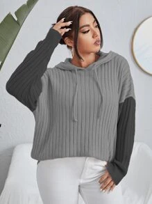 Flirla Áo len hai tông màu dáng rộng, vai rớt, có dây rút, có mũ trùm đầu, thích hợp cho mùa thu đông. - Xám - Xem 3