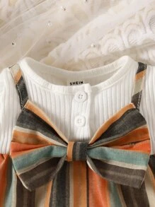 SHEIN 嬰兒嬰兒格紋前蝴蝶結假兩件連衣裙附髮帶 - 彩色 - 查看 4