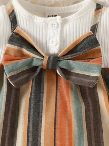 SHEIN 嬰兒嬰兒格紋前蝴蝶結假兩件連衣裙附髮帶 - 彩色 - 查看 5