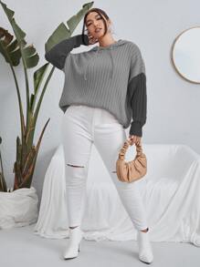 Flirla Áo len hai tông màu dáng rộng, vai rớt, có dây rút, có mũ trùm đầu, thích hợp cho mùa thu đông. - Xám - Xem 5