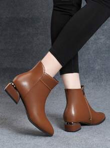 Giày bốt Moto mũi nhọn đế dày màu nâu bóng có khóa kéo cho nữ - màu nâu - Xem 2