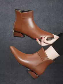 Giày bốt Moto mũi nhọn đế dày màu nâu bóng có khóa kéo cho nữ - màu nâu - Xem 1