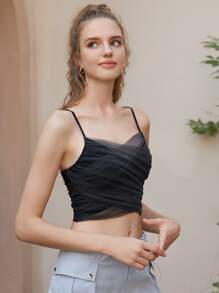 SHEIN MOD Ruched Mesh Cami Top - Dark Grey - View 2