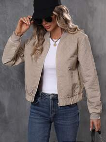 Zip Up Quilted Bomber Jacket - Apricot - View 1