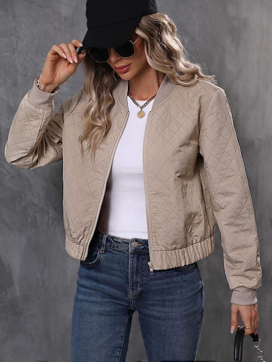 Zip Up Quilted Bomber Jacket - Apricot - View 1