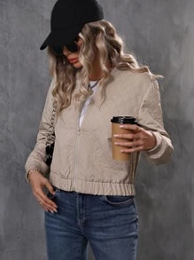 Zip Up Quilted Bomber Jacket - Apricot - View 3