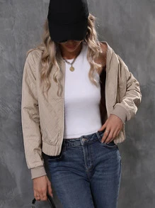 Zip Up Quilted Bomber Jacket - Apricot - View 6