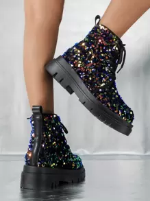 Fall/Winter Women Sequin Decor Lace-Up Front Boots, Punk Round Toe Mid Heel Combat Boots,Boots For Women - Multicolor - View 1