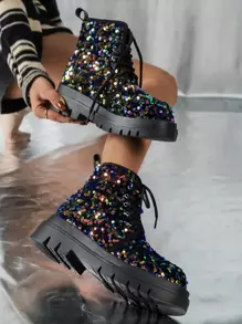 Fall/Winter Women Sequin Decor Lace-Up Front Boots, Punk Round Toe Mid Heel Combat Boots,Boots For Women - Multicolor - View 2