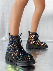 Fall/Winter Women Sequin Decor Lace-Up Front Boots, Punk Round Toe Mid Heel Combat Boots,Boots For Women - Multicolor - View 3