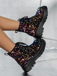 Fall/Winter Women Sequin Decor Lace-Up Front Boots, Punk Round Toe Mid Heel Combat Boots,Boots For Women - Multicolor - View 4