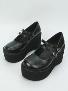 Buckle Decor Mary Jane Wedge Shoes - Black - View 3