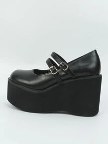 Buckle Decor Mary Jane Wedge Shoes - Black - View 4