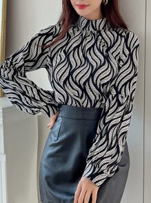 DAZY Allover Print Mock Neck Blouse,Fall Clothes Long Sleeve Top - Black and White - View 2
