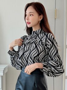 DAZY Allover Print Mock Neck Blouse,Fall Clothes Long Sleeve Top - Black and White - View 8
