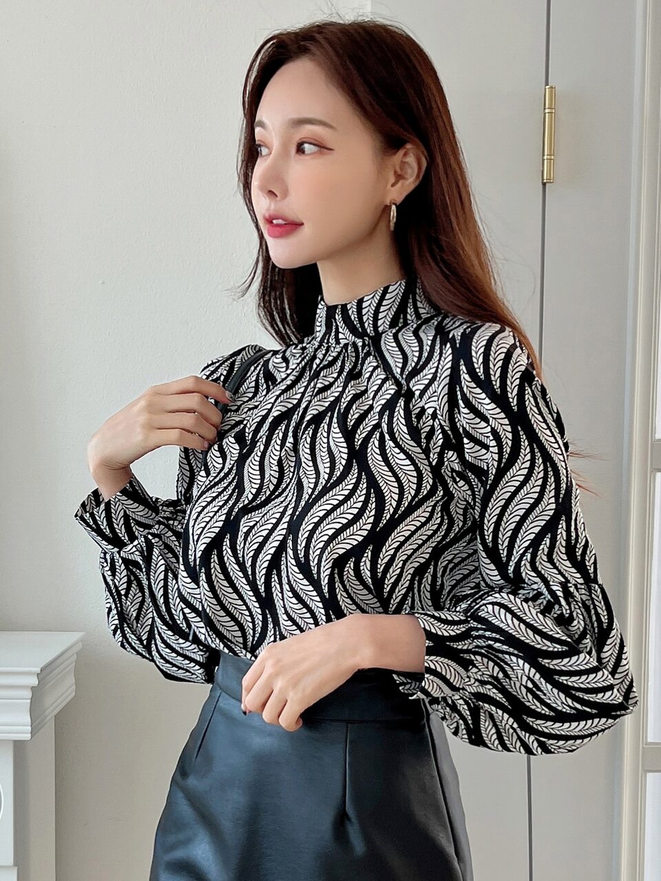 Allover Print Mock Neck Blouse,Fall Clothes Long Sleeve Top