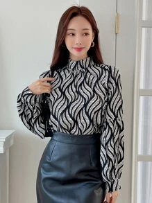 DAZY Allover Print Mock Neck Blouse,Fall Clothes Long Sleeve Top - Black and White - View 4