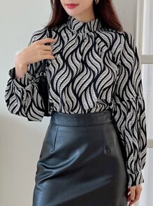 DAZY Allover Print Mock Neck Blouse,Fall Clothes Long Sleeve Top - Black and White - View 7