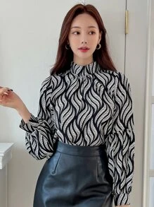 DAZY Allover Print Mock Neck Blouse,Fall Clothes Long Sleeve Top - Black and White - View 1