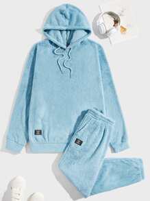 Manfinity Men Letter Patched Drawstring Flannel Hoodie & Trousers - Mint Blue - View 6